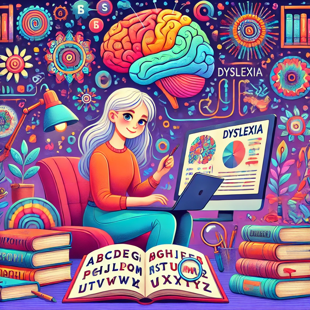 Illustration of girl studying reading, dyslexia, and the brain